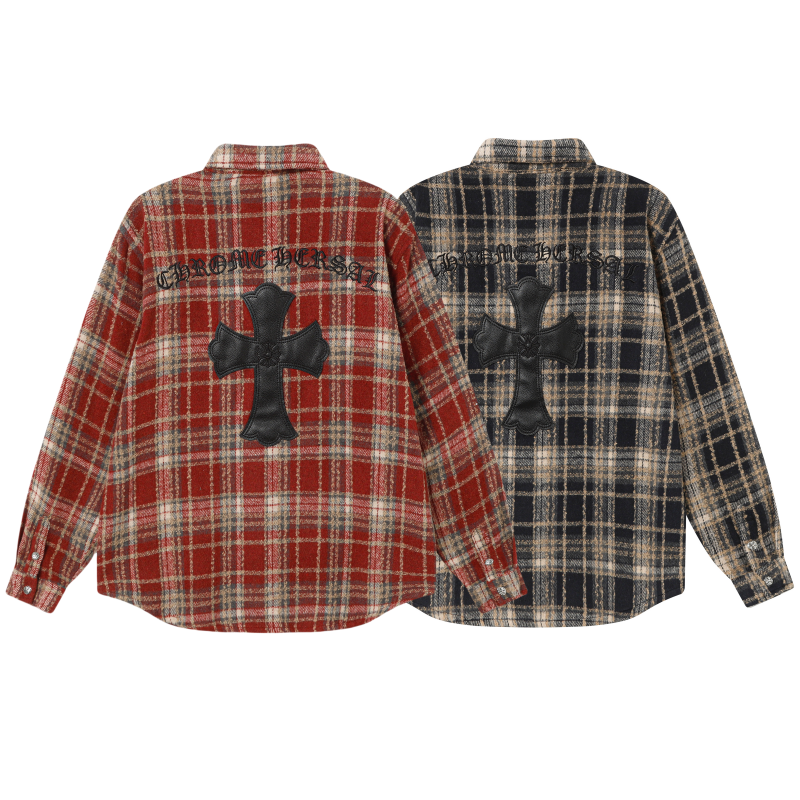 Chrome Hearts Embroidered Leather Cross Detail Flannel Shirt
