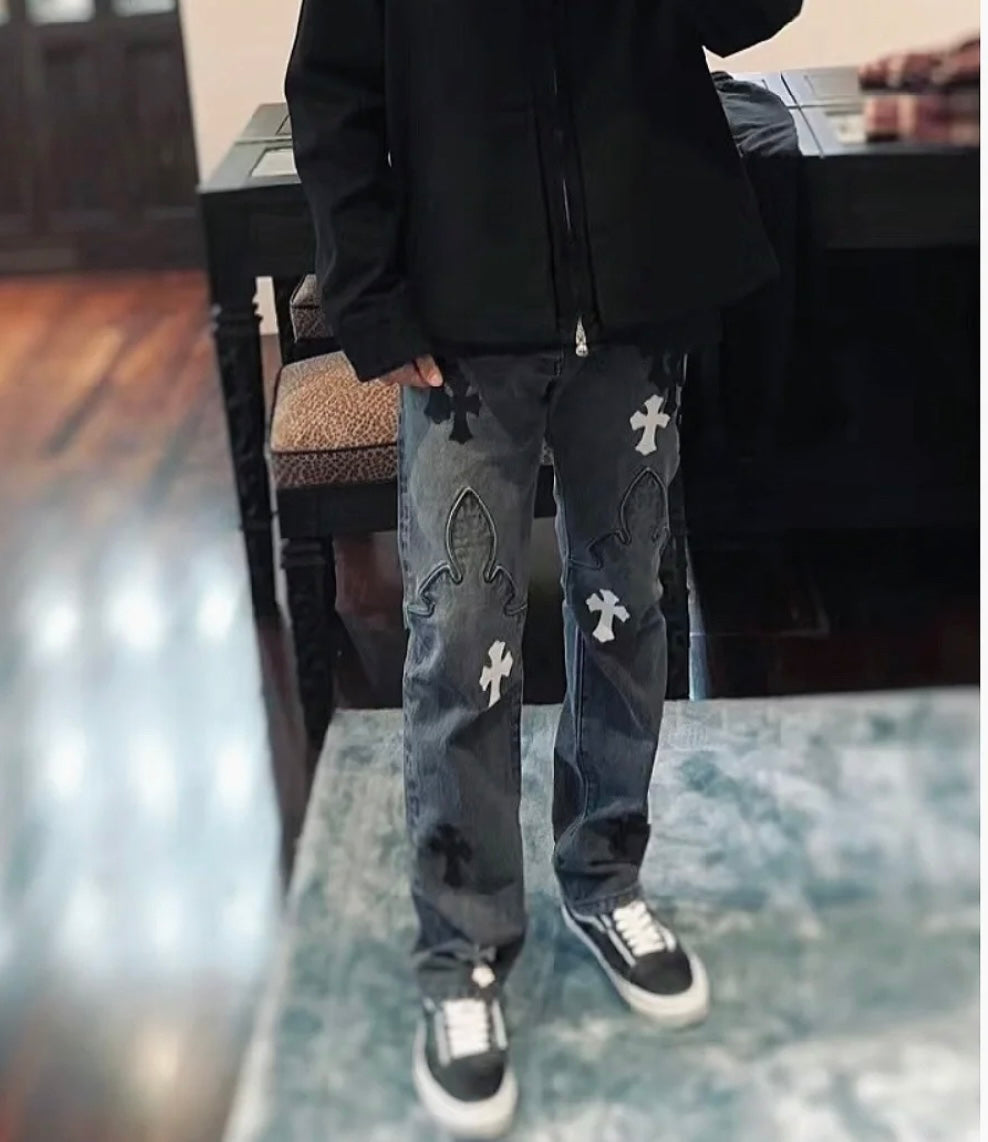 Chrome Hearts Black & White Cross Patch Flame Knee Jeans