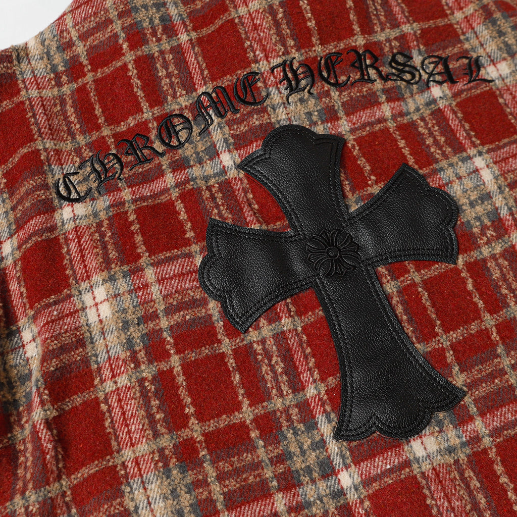 Chrome Hearts Embroidered Leather Cross Detail Flannel Shirt