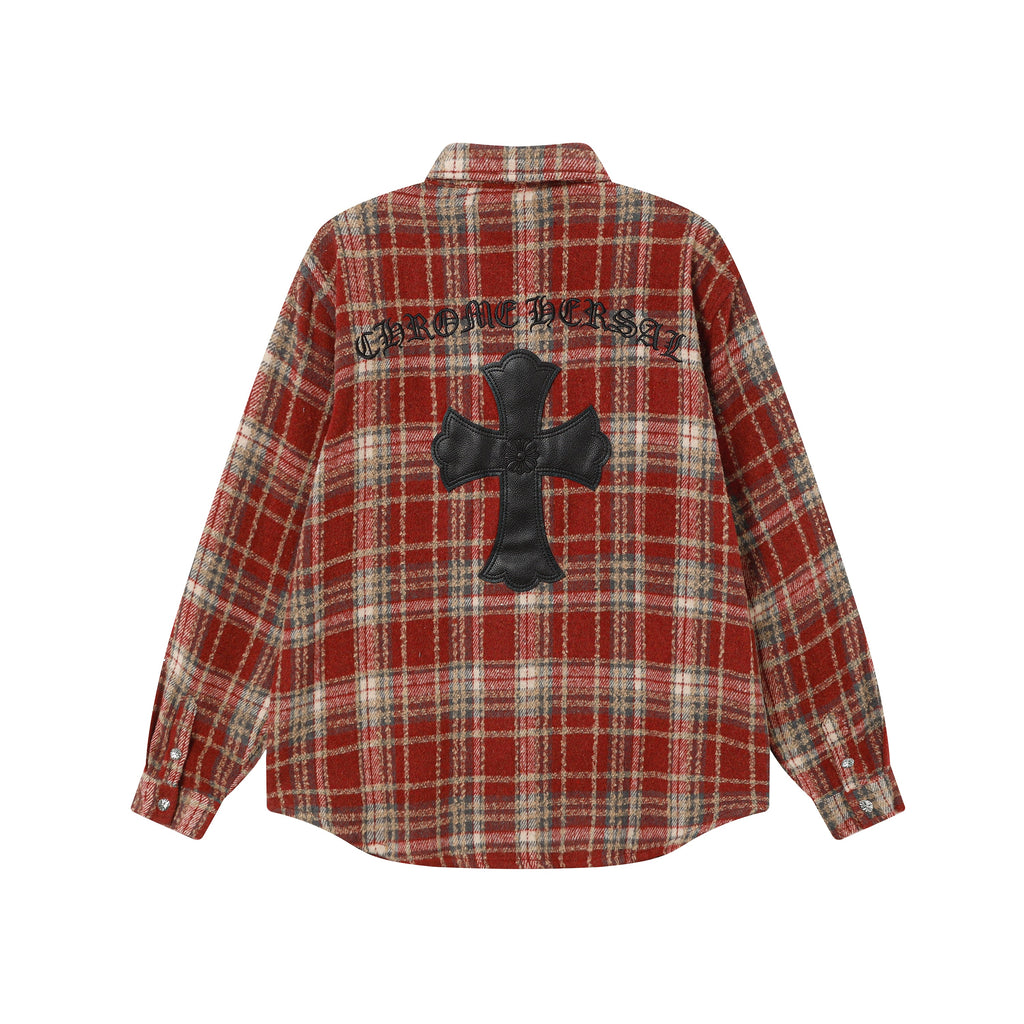 Chrome Hearts Embroidered Leather Cross Detail Flannel Shirt