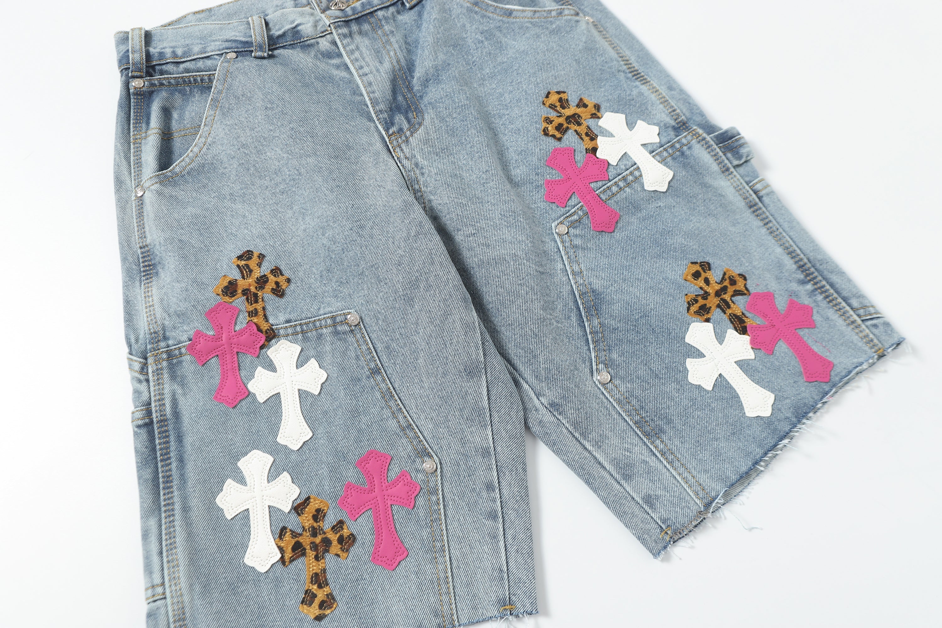 Chrome Hearts Vintage Cross Patchwork Washed Carpenter Denim Shorts 201