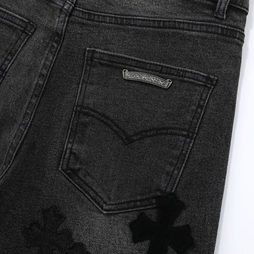 Chrome Hearts Black & Grey Silver Cross Patch Jeans